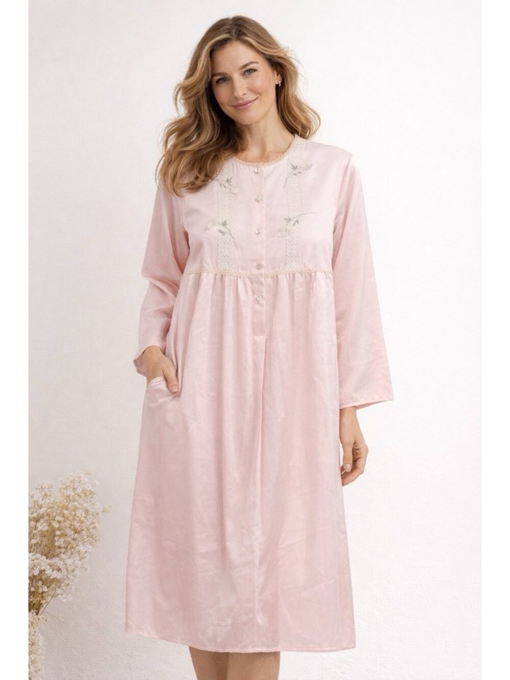 vintage EVE STILLMAN satin pink robe housedress LARGE cottagecore lounge lace